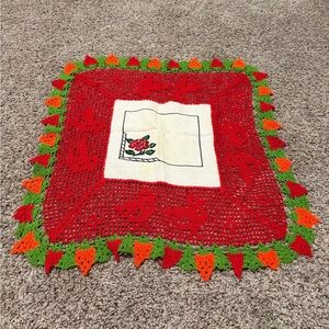 Handmade Red Crochet Kitchen Linen with Green & Orange Trim - Floral Center